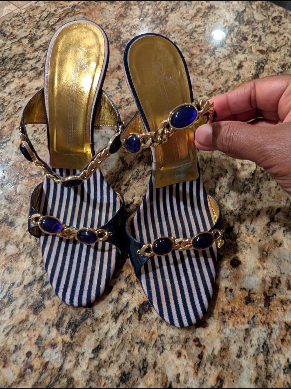 Zanotti Navy Striped Sandals  Nearly New 39